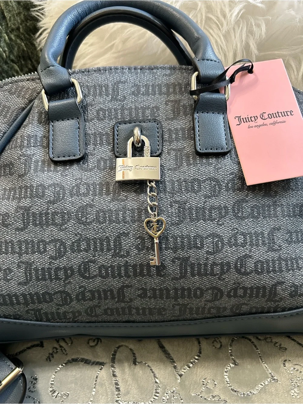 NWT Juicy Couture Eastside Westside Denim Monogram Satchel with Heart Key Charm